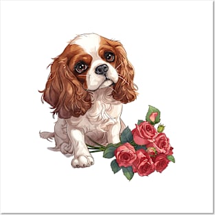 Valentine Cavalier King Charles Spaniel Dog Giving Flowers Posters and Art